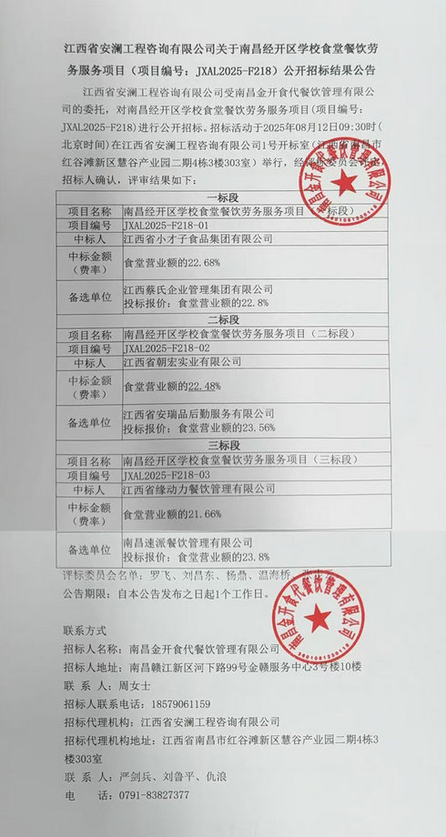 南昌經(jīng)開區(qū)學(xué)校食堂餐飲勞務(wù)服務(wù)項目公開招標(biāo)結(jié)果公告